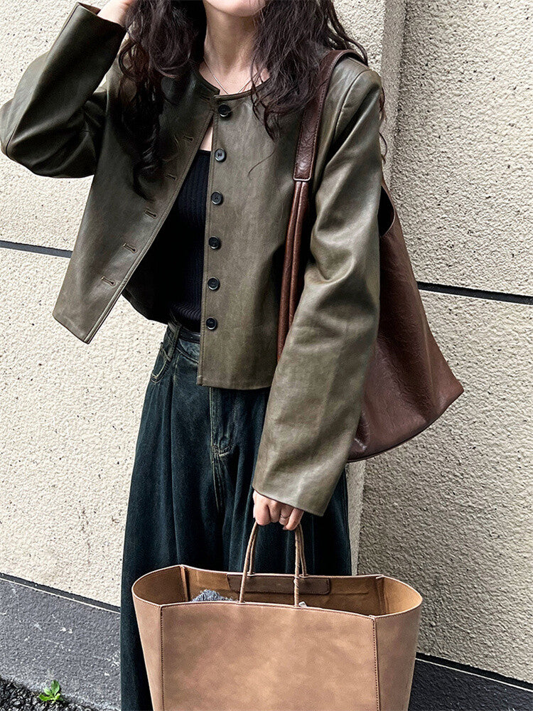 ソフトレザーノーカラーボタンジャケット