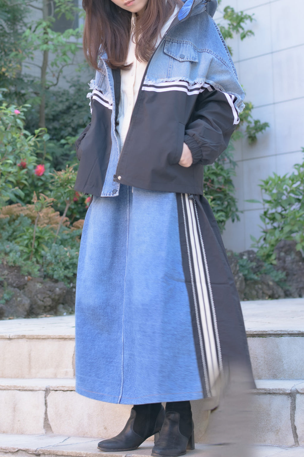 デニム×サイド切替ツートンラインスカート